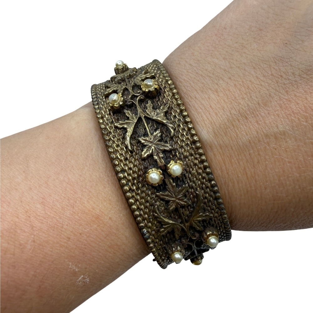 Vintage Brass Gold Faux Pearl Floral Leaf Hinged Cuff Bracelet Statement Bangle